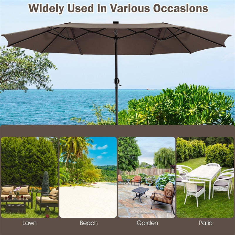 15FT Double-Sided Patio Umbrella with Base, 48 Solar LED Lights & Crank Handle, Extra Large Double Outdoor Umbrella for Poolside, Backyard