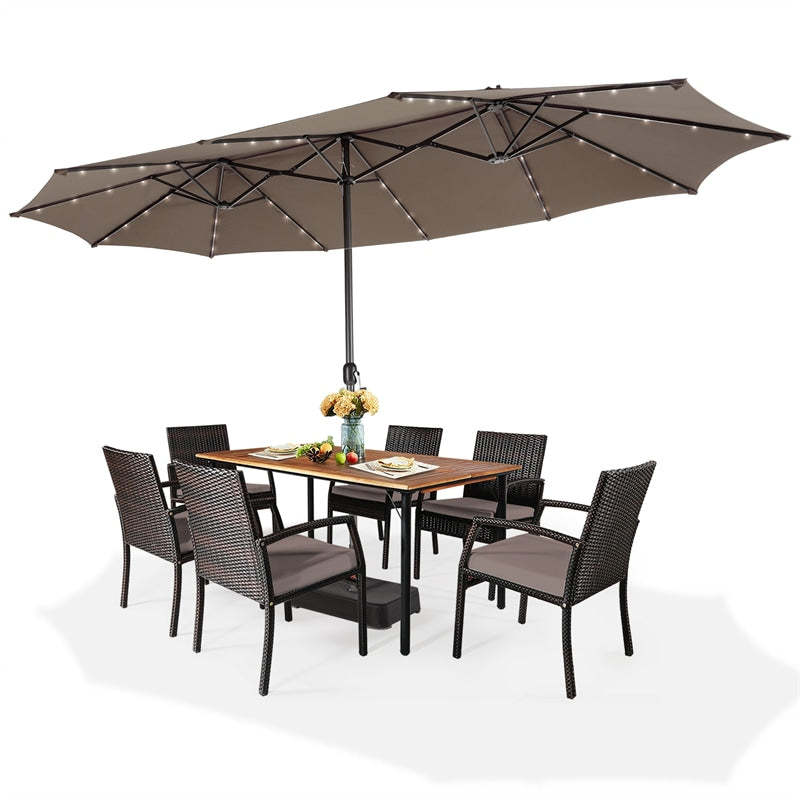 15FT Double-Sided Patio Umbrella with Base, 48 Solar LED Lights & Crank Handle, Extra Large Double Outdoor Umbrella for Poolside, Backyard