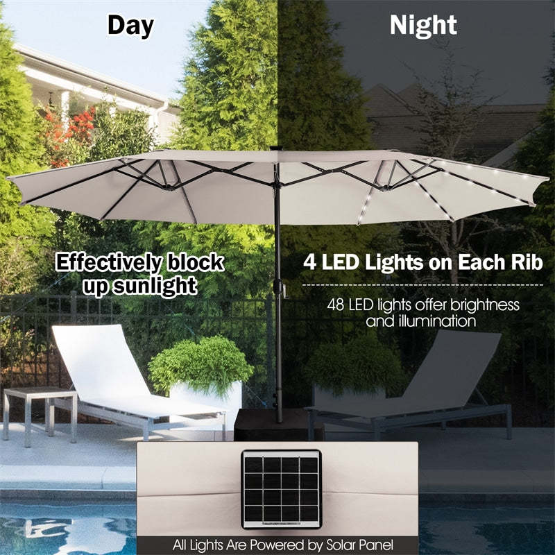 15FT Double-Sided Patio Umbrella with Base, 48 Solar LED Lights & Crank Handle, Extra Large Double Outdoor Umbrella for Poolside, Backyard