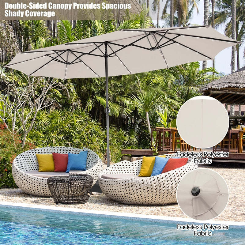 15FT Double-Sided Patio Umbrella with Base, 48 Solar LED Lights & Crank Handle, Extra Large Double Outdoor Umbrella for Poolside, Backyard