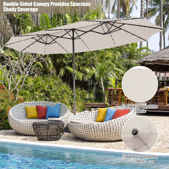 15FT Double-Sided Patio Umbrella with Base, 48 Solar LED Lights & Crank Handle, Extra Large Double Outdoor Umbrella for Poolside, Backyard