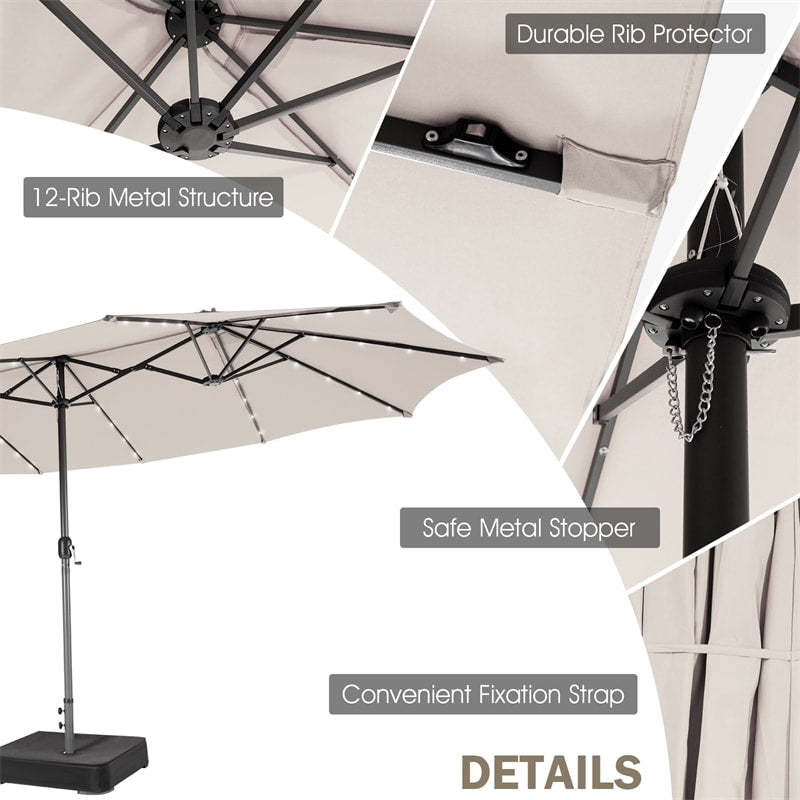 15FT Double-Sided Patio Umbrella with Base, 48 Solar LED Lights & Crank Handle, Extra Large Double Outdoor Umbrella for Poolside, Backyard