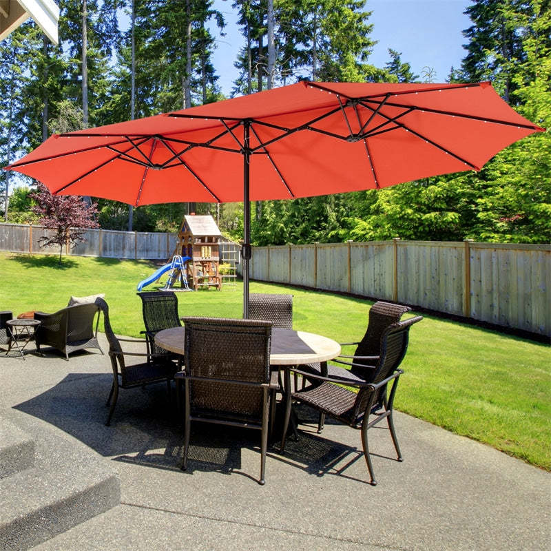 15FT Double-Sided Patio Umbrella with Base, 48 Solar LED Lights & Crank Handle, Extra Large Double Outdoor Umbrella for Poolside, Backyard