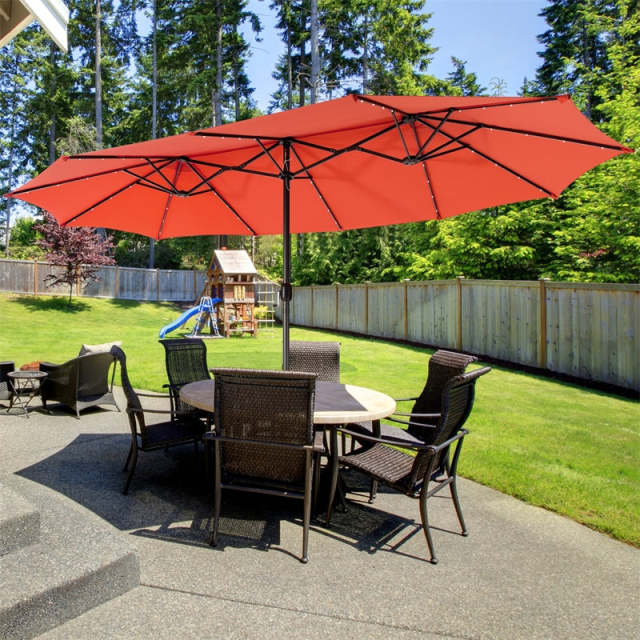 15FT Double-Sided Patio Umbrella with Base, 48 Solar LED Lights & Crank Handle, Extra Large Double Outdoor Umbrella for Poolside, Backyard