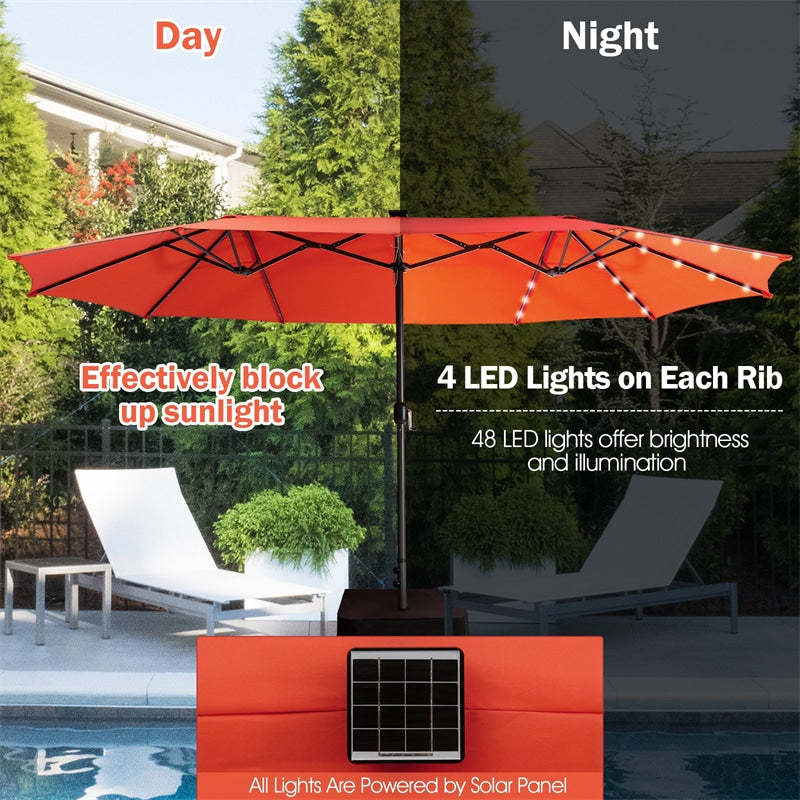 15FT Double-Sided Patio Umbrella with Base, 48 Solar LED Lights & Crank Handle, Extra Large Double Outdoor Umbrella for Poolside, Backyard