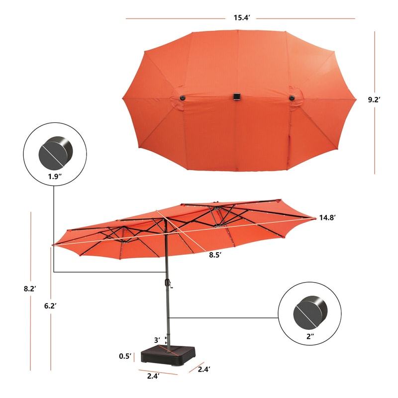 15FT Double-Sided Patio Umbrella with Base, 48 Solar LED Lights & Crank Handle, Extra Large Double Outdoor Umbrella for Poolside, Backyard
