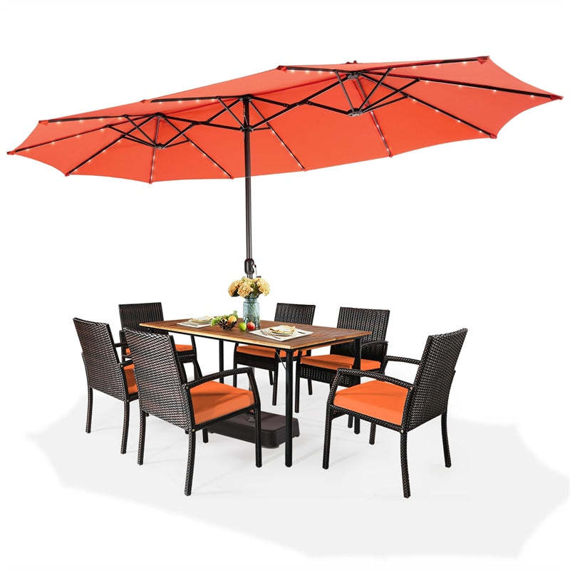 15FT Double-Sided Patio Umbrella with Base, 48 Solar LED Lights & Crank Handle, Extra Large Double Outdoor Umbrella for Poolside, Backyard