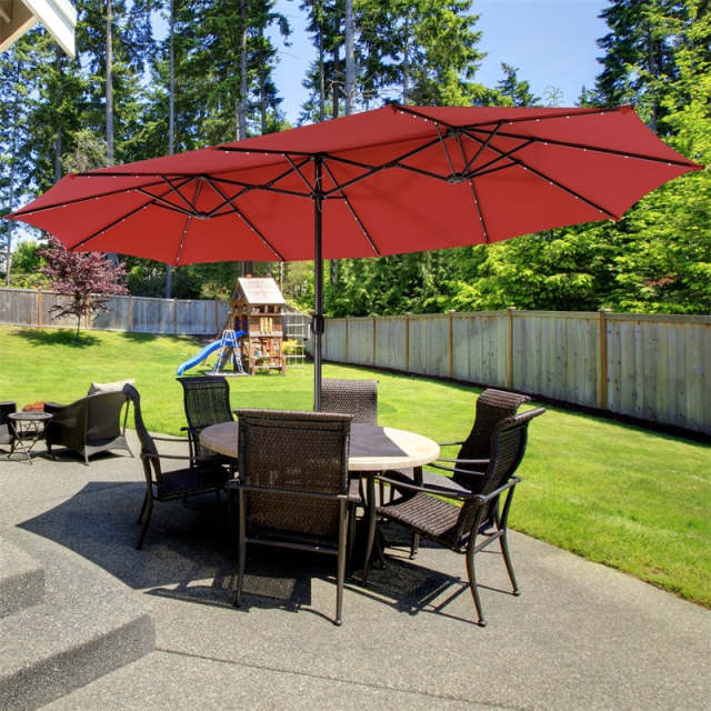 15FT Double-Sided Patio Umbrella with Base, 48 Solar LED Lights & Crank Handle, Extra Large Double Outdoor Umbrella for Poolside, Backyard