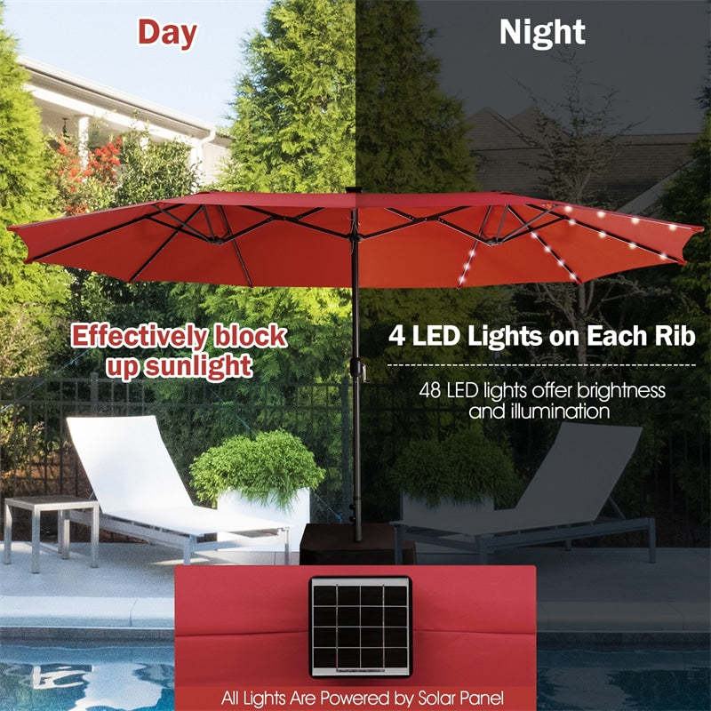 15FT Double-Sided Patio Umbrella with Base, 48 Solar LED Lights & Crank Handle, Extra Large Double Outdoor Umbrella for Poolside, Backyard