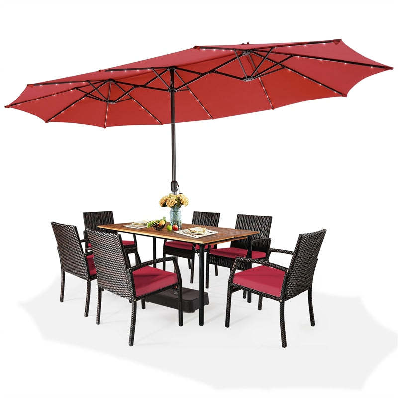 15FT Double-Sided Patio Umbrella with Base, 48 Solar LED Lights & Crank Handle, Extra Large Double Outdoor Umbrella for Poolside, Backyard