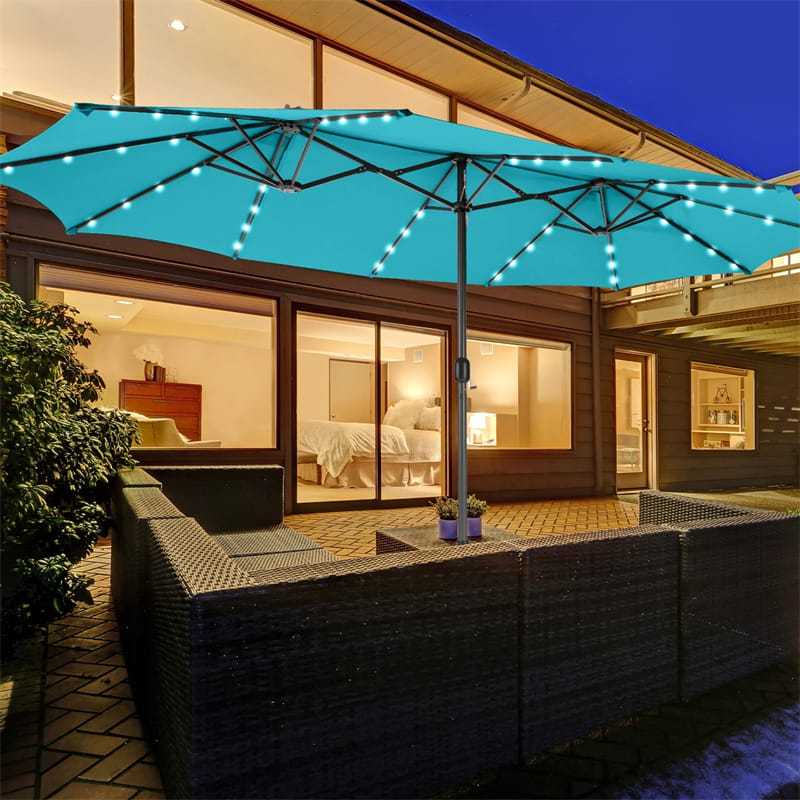 15FT Double-Sided Patio Umbrella with 48 Solar LED Lights & Crank Handle, Extra Large Outdoor Market Umbrella for Poolside, Deck, Backyard