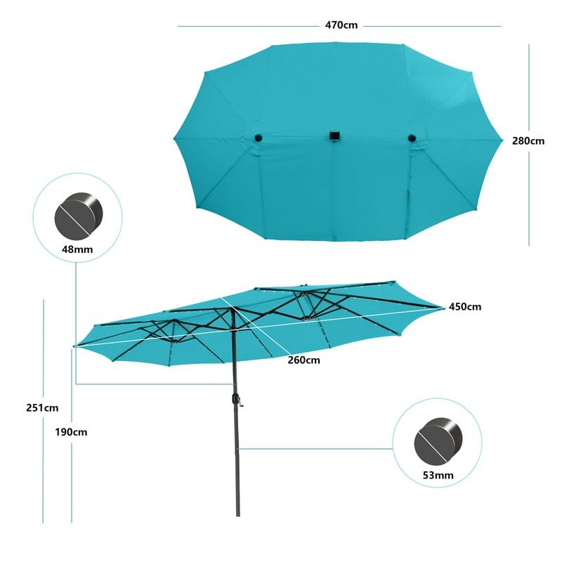 15FT Double-Sided Patio Umbrella with 48 Solar LED Lights & Crank Handle, Extra Large Outdoor Market Umbrella for Poolside, Deck, Backyard