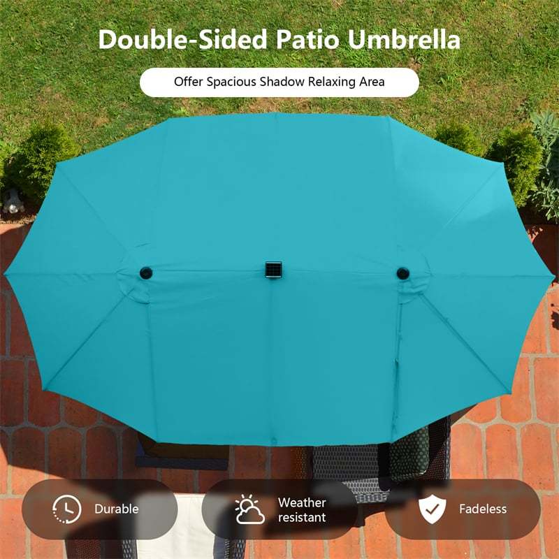 15FT Double-Sided Patio Umbrella with 48 Solar LED Lights & Crank Handle, Extra Large Outdoor Market Umbrella for Poolside, Deck, Backyard