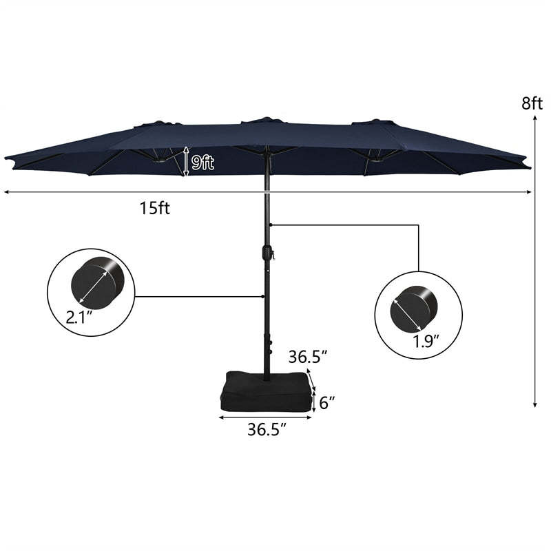 15FT Double-Sided Patio Umbrella with Base, Crank Handle & Air Vent, Extra Large Outdoor Market Umbrella for Poolside, Garden, Backyard