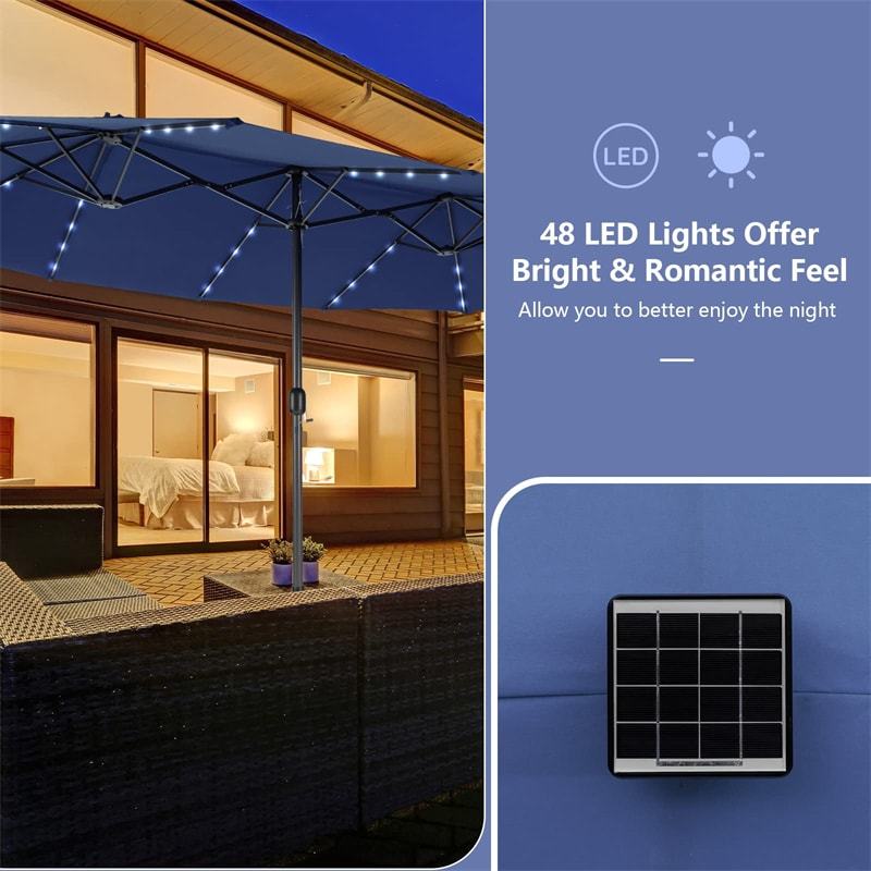 15FT Double-Sided Patio Umbrella with Base, 48 Solar LED Lights & Crank Handle, Extra Large Double Outdoor Umbrella for Poolside, Backyard