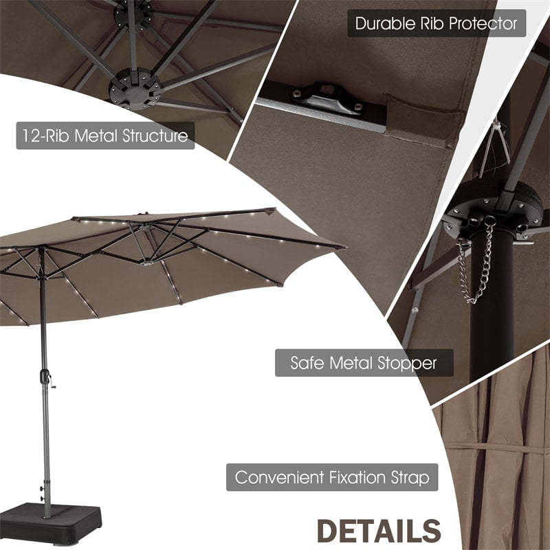 15FT Double-Sided Patio Umbrella with Base, 48 Solar LED Lights & Crank Handle, Extra Large Double Outdoor Umbrella for Poolside, Backyard