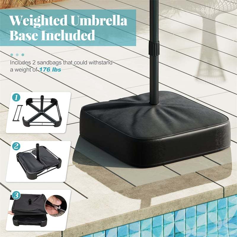 15FT Double-Sided Patio Umbrella with Base, 48 Solar LED Lights & Crank Handle, Extra Large Double Outdoor Umbrella for Poolside, Backyard