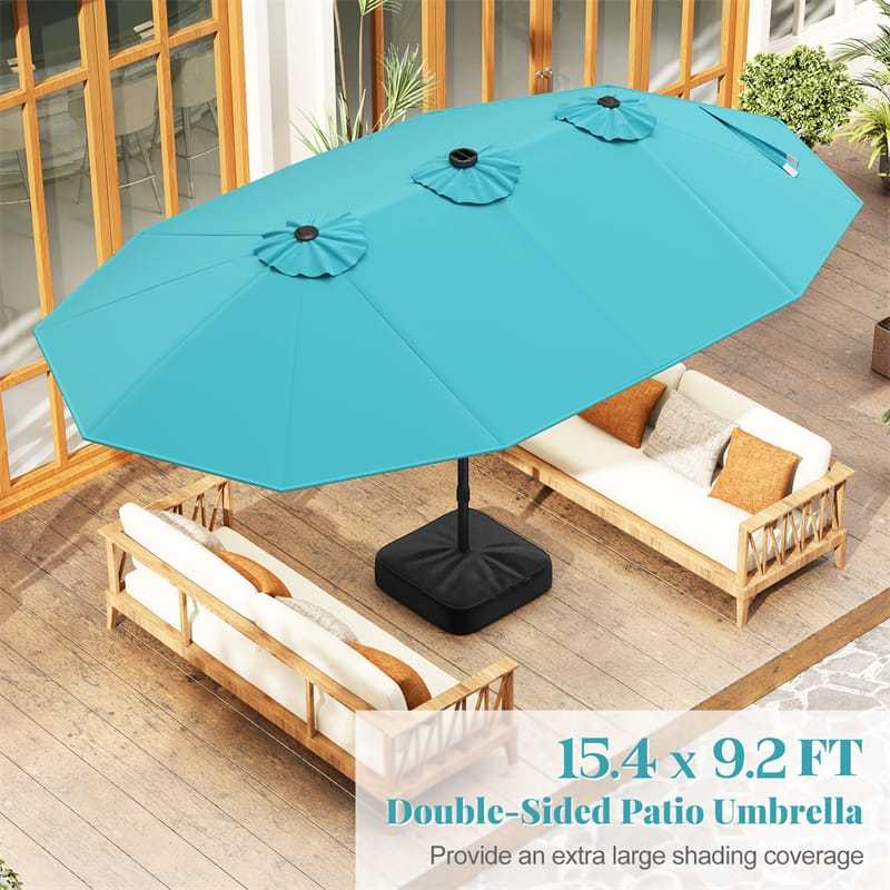 15FT Double-Sided Patio Umbrella with Base, 48 Solar LED Lights & Crank Handle, Extra Large Double Outdoor Umbrella for Poolside, Backyard