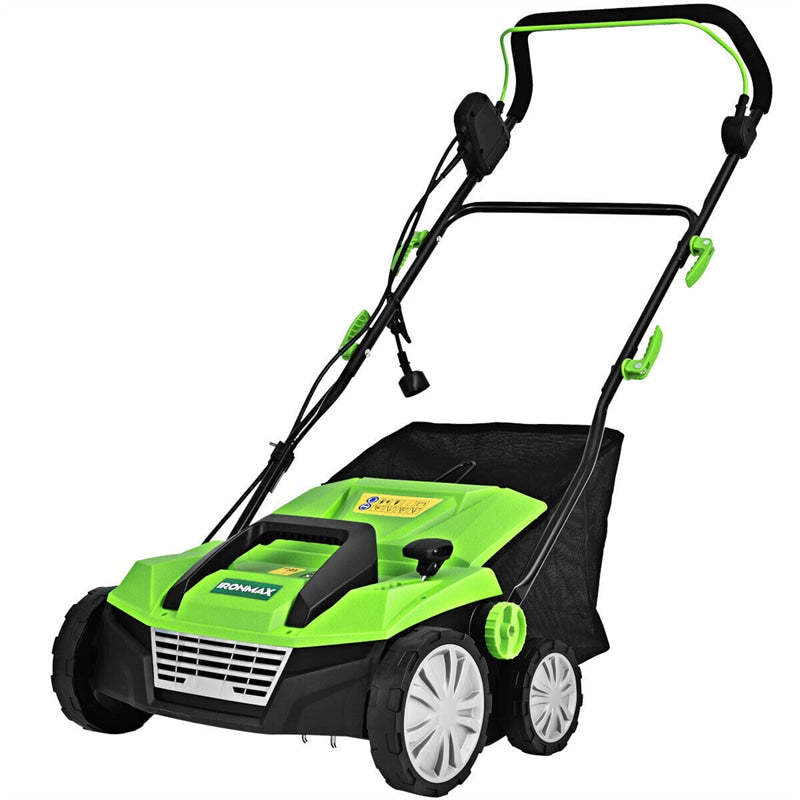 2-in-1 Electric Corded Lawn Dethatcher, 15-Inch 13Amp Lawn Scarifier with 5 Cutting Heights, 13.5 Gallon Collection Bag & 2 Removable Blades
