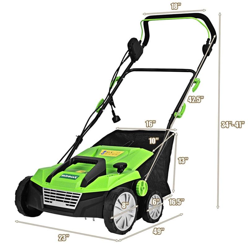 2-in-1 Electric Corded Lawn Dethatcher, 15-Inch 13Amp Lawn Scarifier with 5 Cutting Heights, 13.5 Gallon Collection Bag & 2 Removable Blades