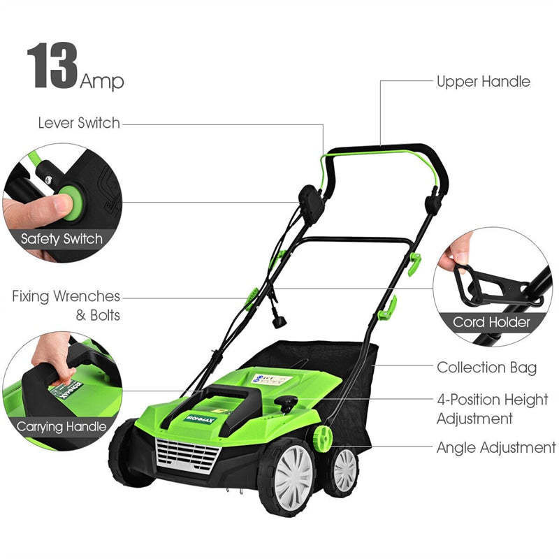 2-in-1 Electric Corded Lawn Dethatcher, 15-Inch 13Amp Lawn Scarifier with 5 Cutting Heights, 13.5 Gallon Collection Bag & 2 Removable Blades