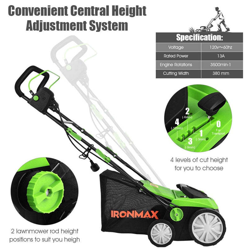 2-in-1 Electric Corded Lawn Dethatcher, 15-Inch 13Amp Lawn Scarifier with 5 Cutting Heights, 13.5 Gallon Collection Bag & 2 Removable Blades