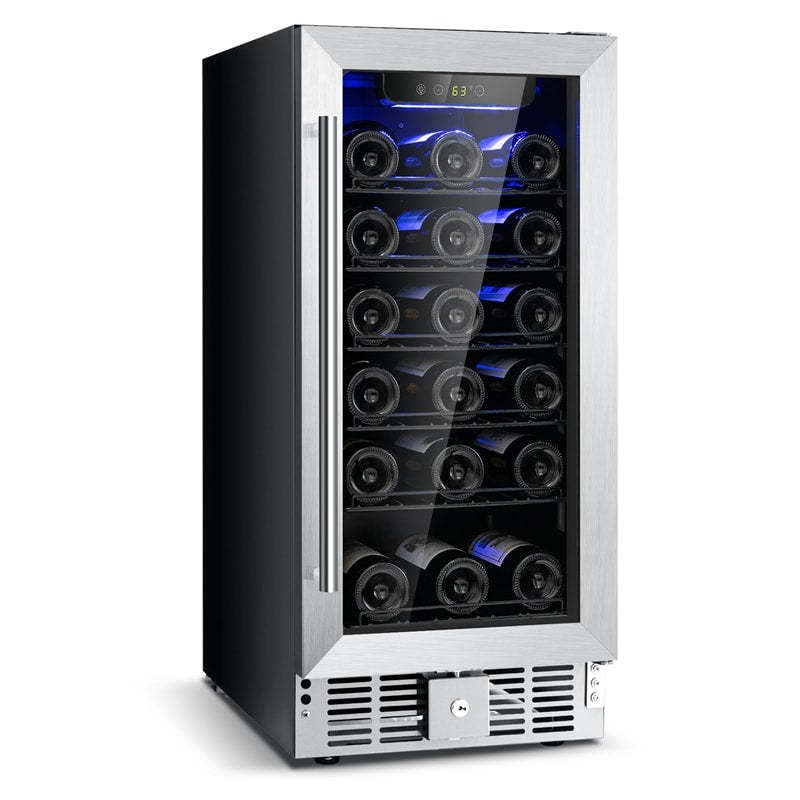 30 Bottle Wine Cooler Refrigerator, 15" Built-in Freestanding Wine Fridge with Glass Door, Removable Shelves, Stainless Steel Wine Cellar for Home Bar