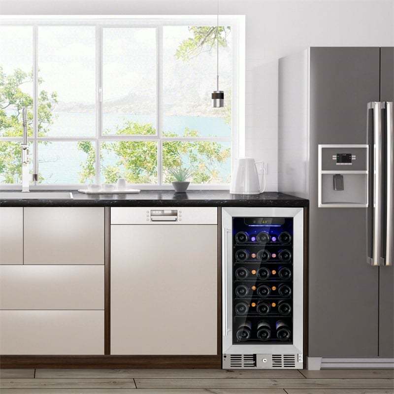 30 Bottle Wine Cooler Refrigerator, 15" Built-in Freestanding Wine Fridge with Glass Door, Removable Shelves, Stainless Steel Wine Cellar for Home Bar