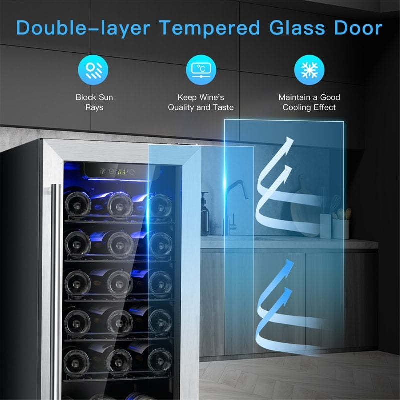 30 Bottle Wine Cooler Refrigerator, 15" Built-in Freestanding Wine Fridge with Glass Door, Removable Shelves, Stainless Steel Wine Cellar for Home Bar