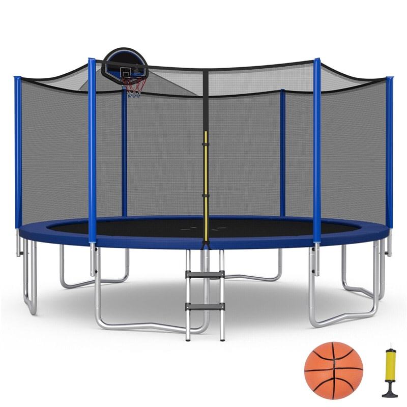 15FT Outdoor Trampoline with Safety Enclosure Net & Basketball Hoop for Kids, ASTM Approved Toddler Backyard Recreational Trampoline with Ballpump