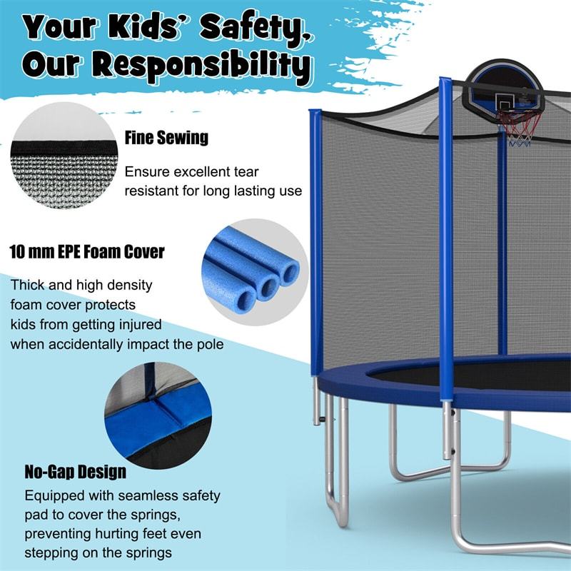 15FT Outdoor Trampoline with Safety Enclosure Net & Basketball Hoop for Kids, ASTM Approved Toddler Backyard Recreational Trampoline with Ballpump
