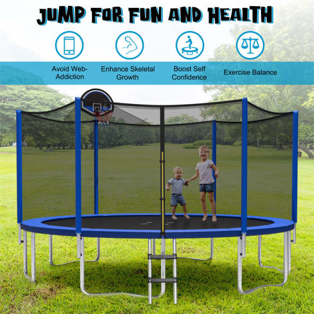 15FT Outdoor Trampoline with Safety Enclosure Net & Basketball Hoop for Kids, ASTM Approved Toddler Backyard Recreational Trampoline with Ballpump