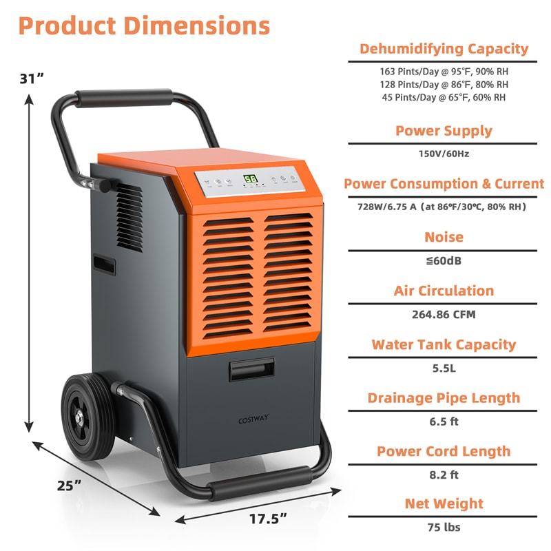 163 Pints Bucketless Commercial Dehumidifier, 4000 Sq.Ft Portable Industrial Dehumidifier with Drain Hose & Tank for Basement, Warehouse, Job Site