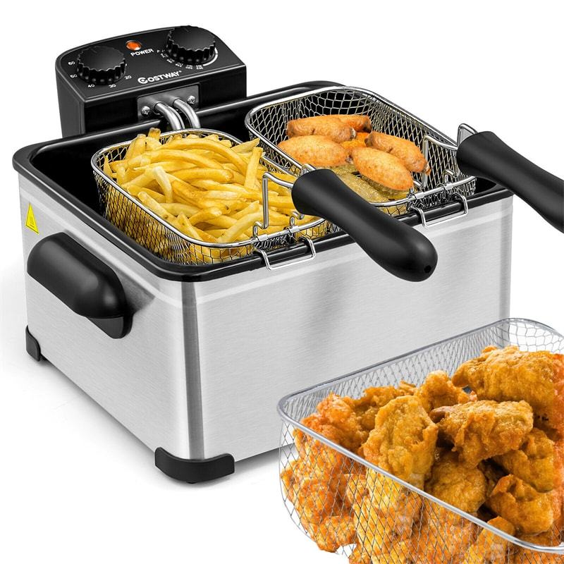 Electric Deep Fryer 5.3QT/21-Cup Stainless Steel Countertop Deep Fryer 1700W with Triple Basket & Adjustable Temperature for Kitchen Restaurant