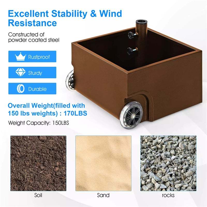 170lbs Filled Umbrella Base, Heavy Duty 2-in-1 Umbrella Stand with Wheels & Fillable Planter, Square Umbrella Holder for Patio, Poolside & Deck