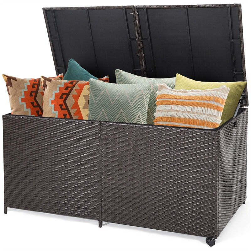 175 Gallon Wicker Rattan Deck Box with 2 Universal Wheels & Waterproof Zippered Liner, Large Outdoor Storage Box for Cushions & Garden Tools