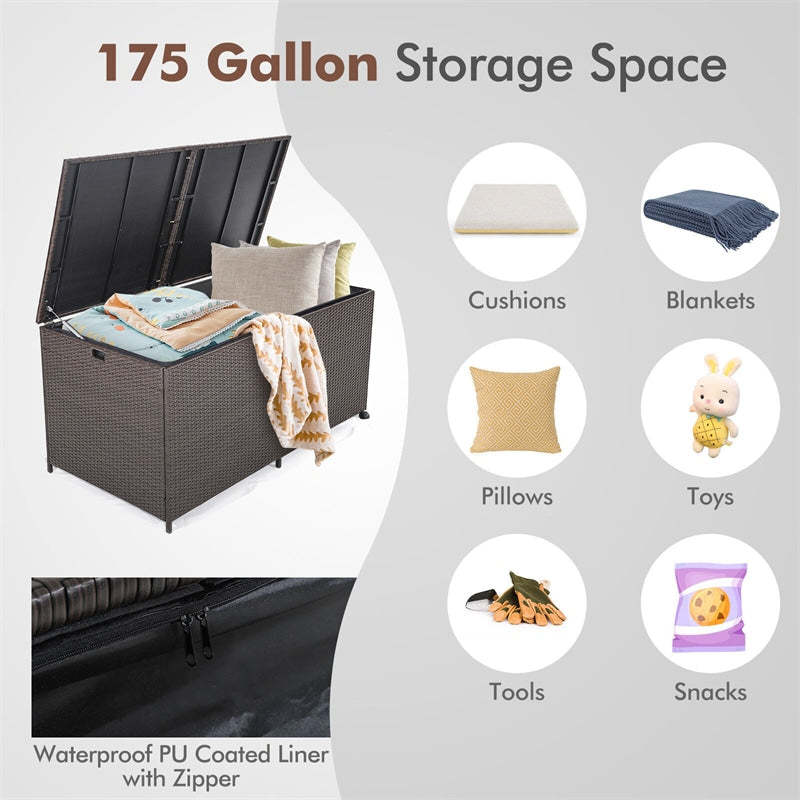 175 Gallon Wicker Rattan Deck Box with 2 Universal Wheels & Waterproof Zippered Liner, Large Outdoor Storage Box for Cushions & Garden Tools