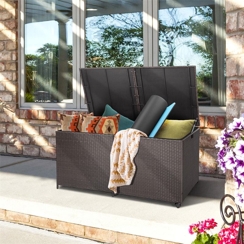 175 Gallon Wicker Rattan Deck Box with 2 Universal Wheels & Waterproof Zippered Liner, Large Outdoor Storage Box for Cushions & Garden Tools