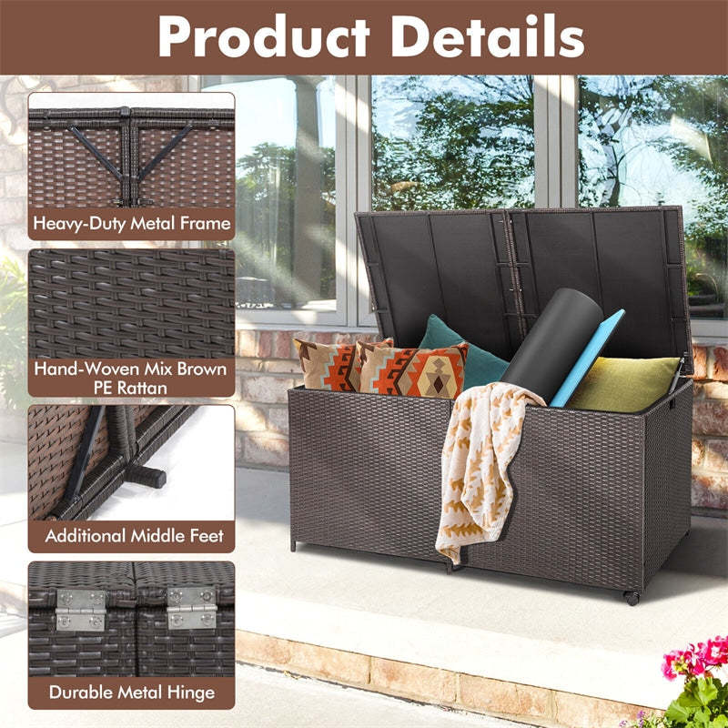175 Gallon Wicker Rattan Deck Box with 2 Universal Wheels & Waterproof Zippered Liner, Large Outdoor Storage Box for Cushions & Garden Tools