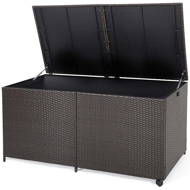 175 Gallon Wicker Rattan Deck Box with 2 Universal Wheels & Waterproof Zippered Liner, Large Outdoor Storage Box for Cushions & Garden Tools