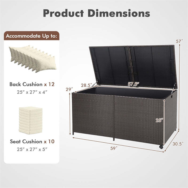175 Gallon Wicker Rattan Deck Box with 2 Universal Wheels & Waterproof Zippered Liner, Large Outdoor Storage Box for Cushions & Garden Tools