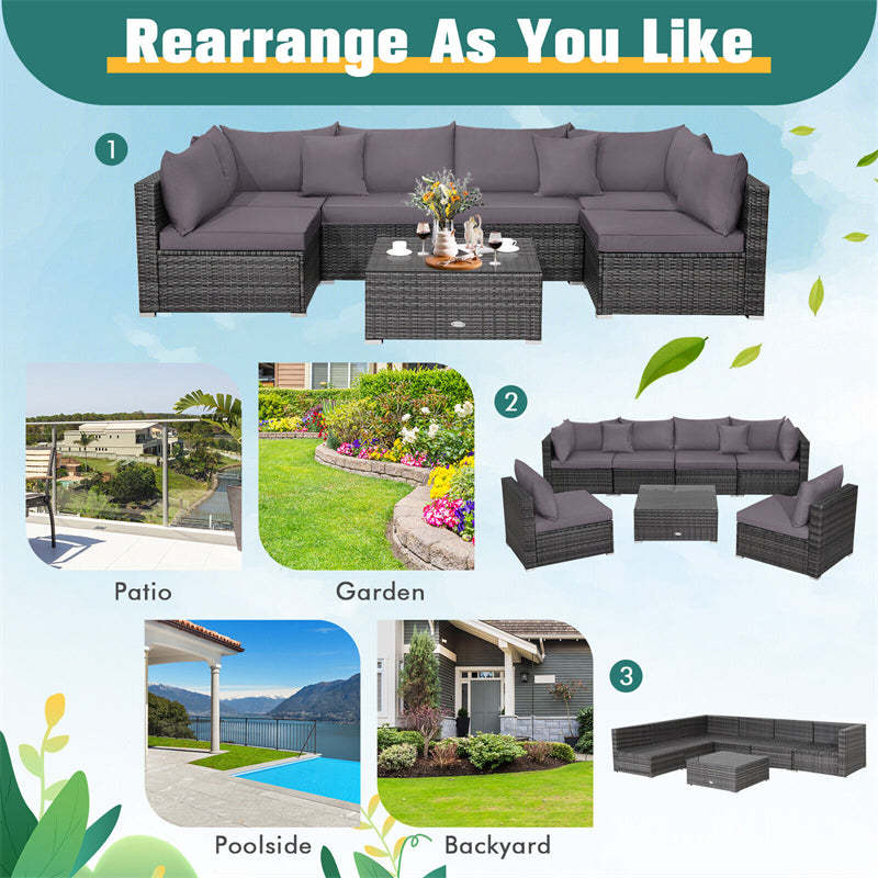 7PCS PE Rattan Modular Outdoor Sectional Set with Tempered Glass Top Table & Cushions, Patio Sofa Furniture for Backyard, Poolside Garden