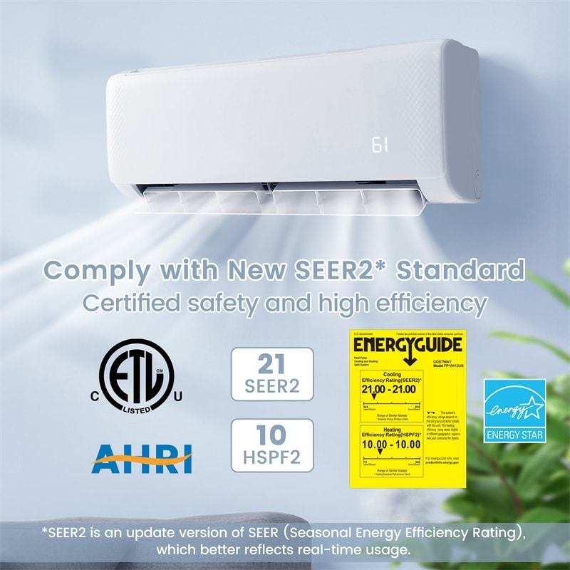18000 BTU Energy Star Mini Split Air Conditioner & Heater, 21 SEER2 Ductless Inverter AC with Heat Pump, Remote & 24H Timer for Rooms up to 1250 Sq.Ft