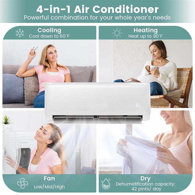 18000 BTU Energy Star Mini Split Air Conditioner & Heater, 21 SEER2 Ductless Inverter AC with Heat Pump, Remote & 24H Timer for Rooms up to 1250 Sq.Ft