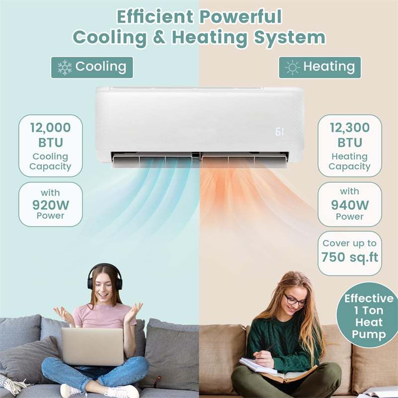 18000 BTU Energy Star Mini Split Air Conditioner & Heater, 21 SEER2 Ductless Inverter AC with Heat Pump, Remote & 24H Timer for Rooms up to 1250 Sq.Ft