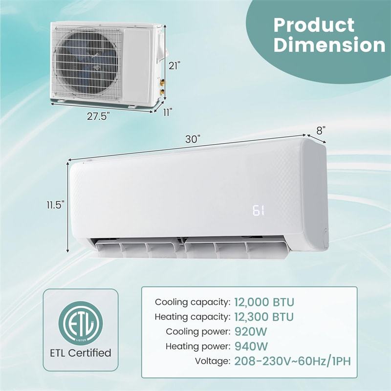 18000 BTU Energy Star Mini Split Air Conditioner & Heater, 21 SEER2 Ductless Inverter AC with Heat Pump, Remote & 24H Timer for Rooms up to 1250 Sq.Ft
