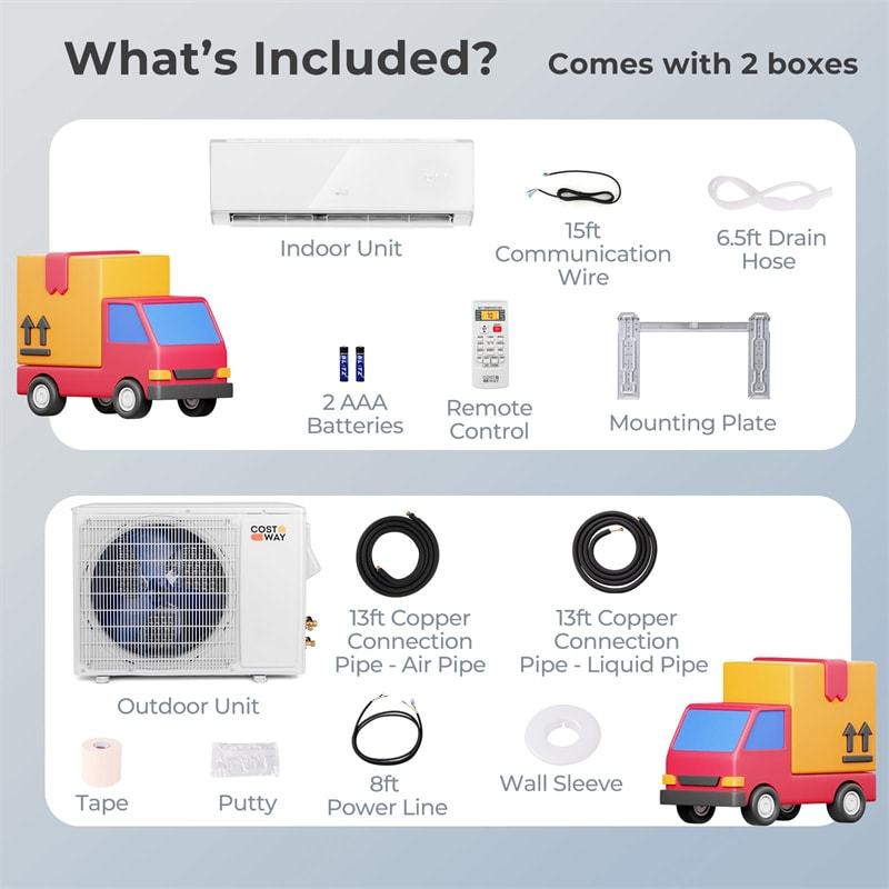 18000BTU Wifi Enabled Mini Split Air Conditioner & Heater, 21 SEER2 208-230V Wall Inverter Split AC Unit ECO Mode w/ Heat Pump, Installation Kit