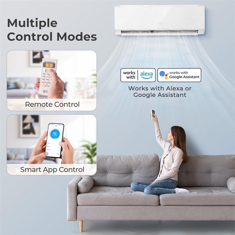 18000BTU Wifi Enabled Mini Split Air Conditioner & Heater, 21 SEER2 208-230V Wall Inverter Split AC Unit ECO Mode w/ Heat Pump, Installation Kit