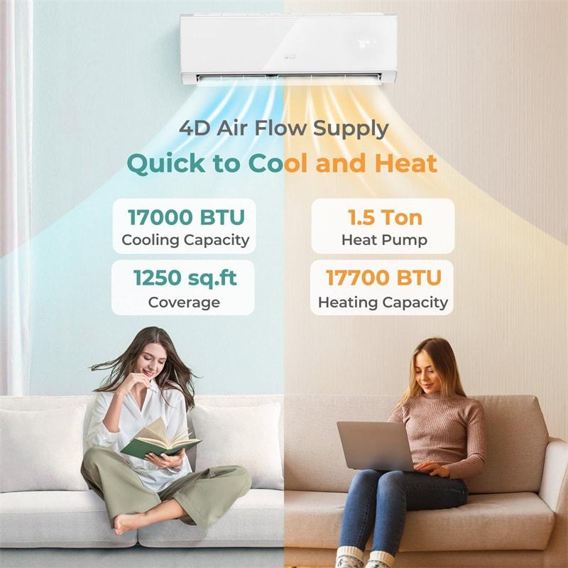 18000BTU Wifi Enabled Mini Split Air Conditioner & Heater, 21 SEER2 208-230V Wall Inverter Split AC Unit ECO Mode w/ Heat Pump, Installation Kit