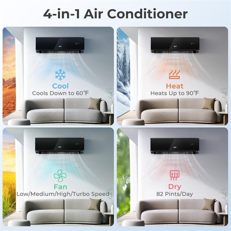 18000BTU Wifi Enabled Mini Split Air Conditioner & Heater, 21 SEER2 208-230V Wall Inverter Split AC Unit ECO Mode w/ Heat Pump, Installation Kit